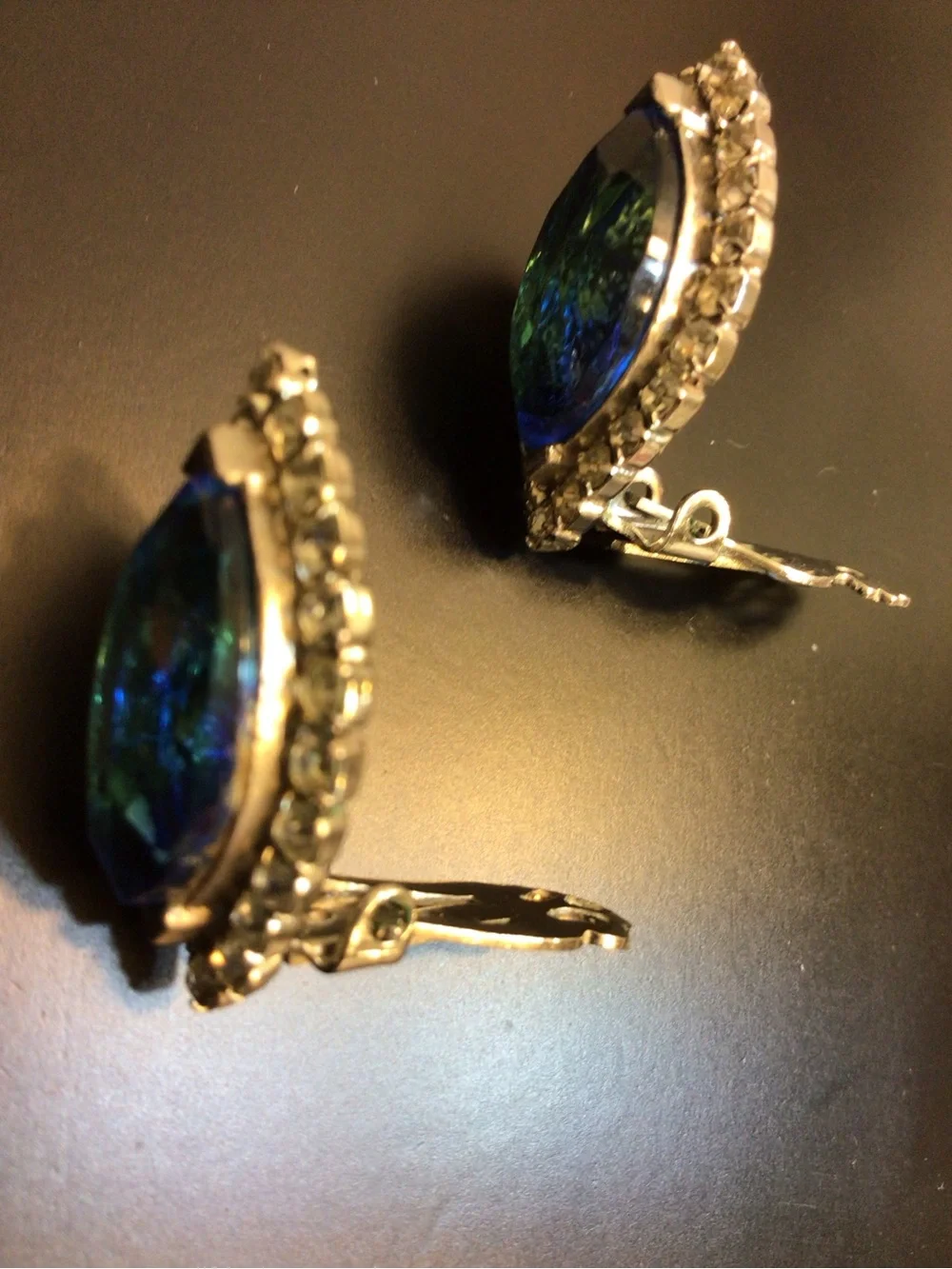 Vintage Mid-century Clip-on Earrings Blue Navette Stones Clear Rhinestones